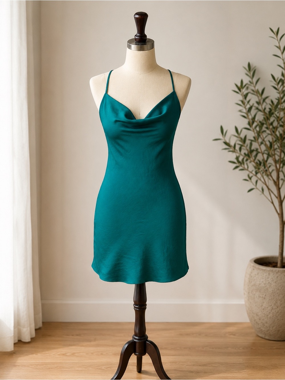 Silky Teal Slip Dress with Cowl Neck Adjustable Waist Adjustable Straps